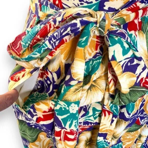 Vintage 90s Petite Skirt Colorful Tropical Hibiscus Floral Midi Wrap Bow Detail - Picture 6 of 10